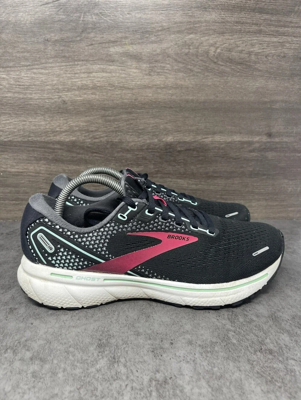 Brooks Ghost 14 Size 9.5 Womens Black Pink Mint DNA LOFT Road Running Shoes B
